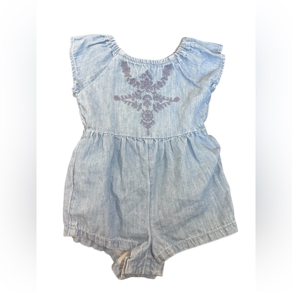 Old Navy Light Blue Denim Girls Romper with Purple Embroidery
